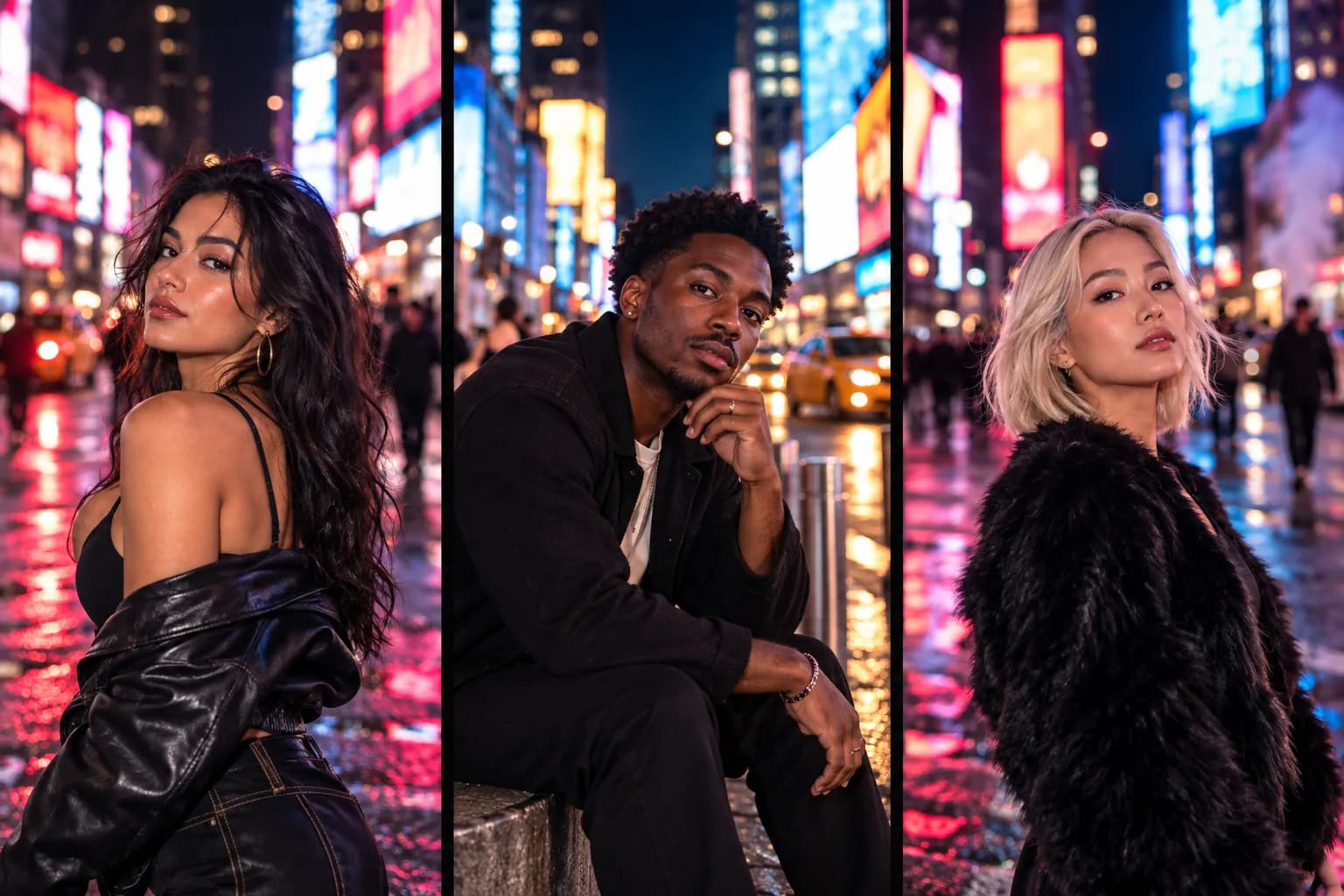 Three editorial street portraits against the colorful lights of Times Square at night